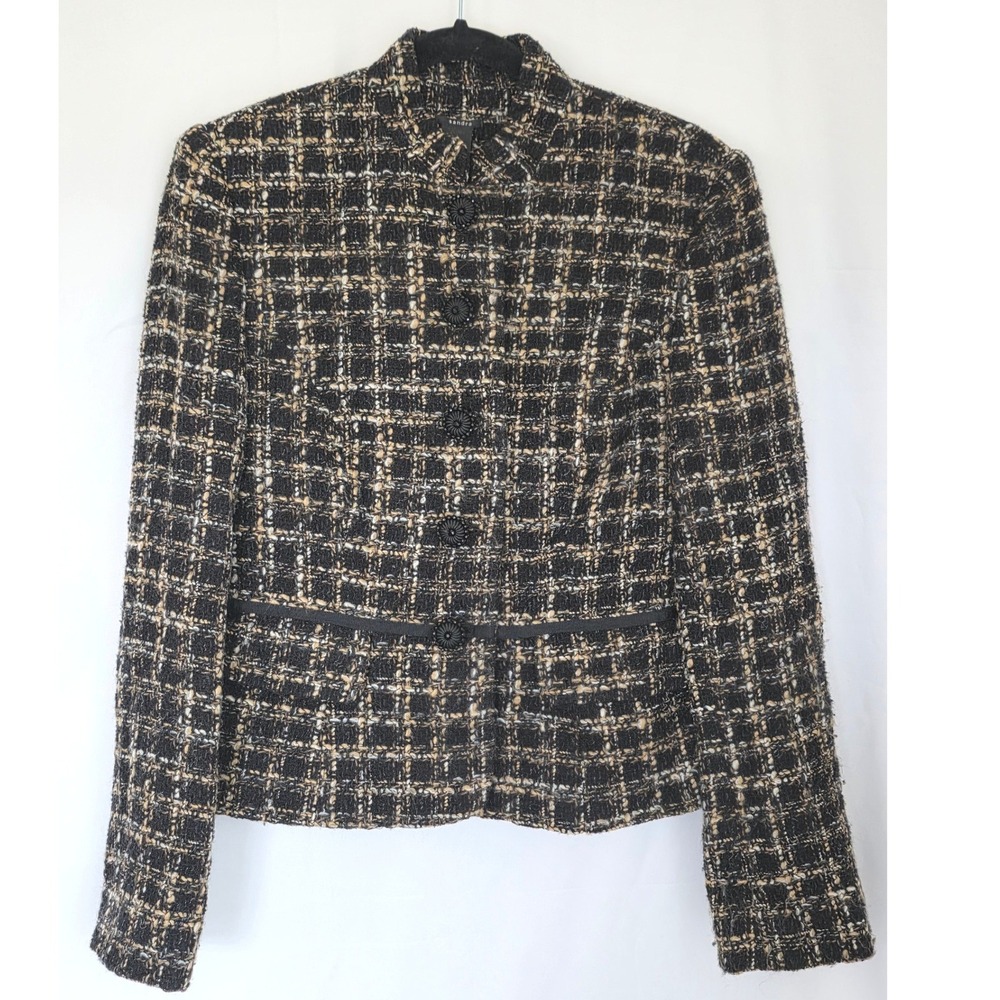 Sandra Tweed Button Front Blazer Size 10 Structured Wool Blend Jacket Pockets